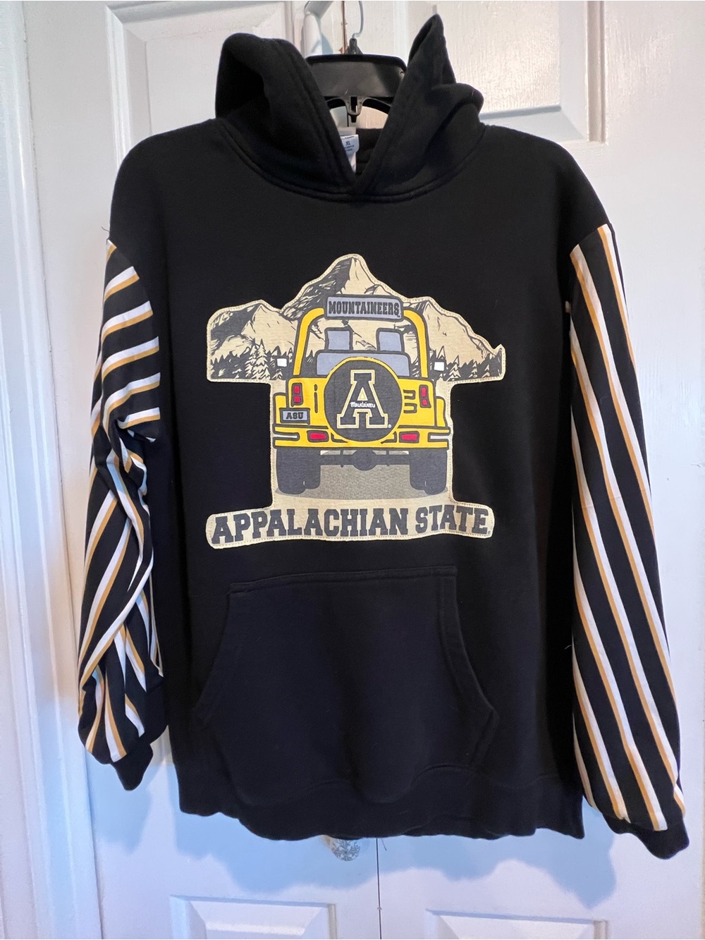 Original🖤💛Upcycled ! Appalachian State Black Hoodie w Striped Sleeves - Picture 5 of 8